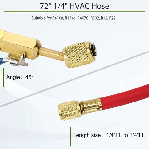 Close-up of Three Piece 72 Inch Low Loss HVAC Refrigerant Hoses With Compact Ball Valve And Quarter Inch Flare Fittings Color Coded