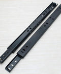 Beefy Industrial Heavy Duty Drawer Slides Telescoping Metal Runners With Thick Steel Plate And Black Wear Resistant Coating Built To Handle Big Loads Without Bending. Black steel telescoping drawer slides shown open