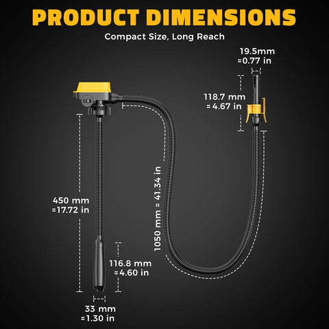 Cordless Fuel Transfer Pump With Auto Stop For No Mess Fueling Three Point Two GPM Flow Portable Diesel And Gas Pump With Fifty One Inch Hose Includes Three Adapters Compatible With Twenty Volt And Eighteen Volt Batteries Bare Tool Yellow product dimensions diagram in millimeters and inches, showing compact size and long reach.