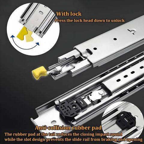 Close-up of 60 Inch Drawer Slides With Lock And Full Extension Tough As Nails Heavy Duty Rails, showing locking mechanism and rubber pad