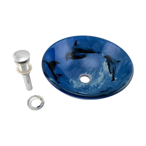 Sick Dope Blue Dolphin Tempered Glass Round Vessel Sink For Countertop Bathroom 16.5 Inch Blue Glass Bowl With Chrome Drain