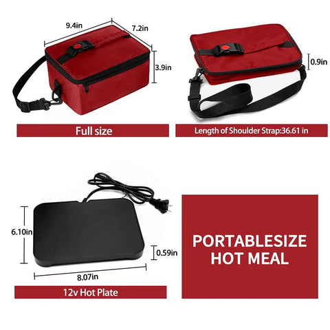 Compact 110V Portable Food Warmer No Microwave Lines Mini Electric Heated Lunch Box dimensions and design in red.