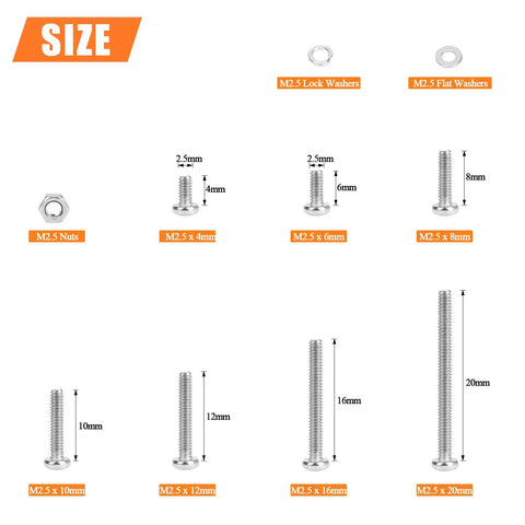 All In One Stainless Steel M2.5 Machine Screw Kit With Phillips Pan Head, 7 Sizes From 4mm To 20mm, Includes Hex Nuts, Lock Washers