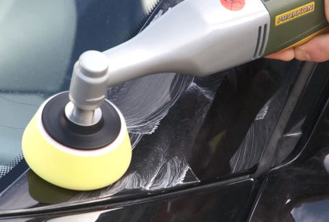 Dope Angle Polisher for tight spots shown buffing car surface, variable speed for consistent buffing at low or high RPM.