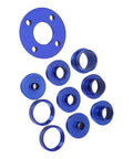 Rock Solid Pro Grade Aluminum Router Template Bushing Guide Set Heavy Duty Replacement Bushings with Lock Nuts, blue aluminum bushings and base.