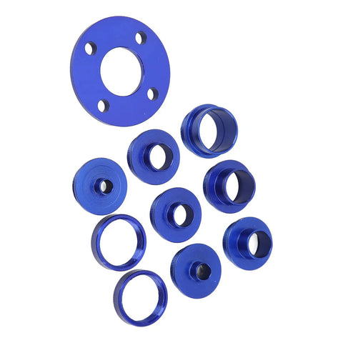 Built Different Heavy Duty 10 Piece Aluminum Alloy Router Template Guide Bushings With Lock Nuts showing blue alloy guide bushings and nut.