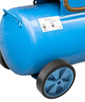Wicked Smooth Five Inch Caster Wheels For Air Compressor mounted on a blue compressor tank, featuring shockproof design and heavy-duty build.