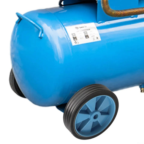 Wicked Smooth Five Inch Caster Wheels For Air Compressor mounted on a blue compressor tank, featuring shockproof design and heavy-duty build.
