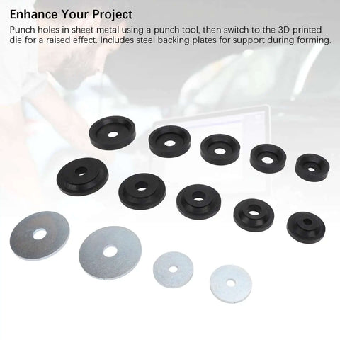 Heavy Duty Sheet Metal Dimple Die Set with Carbon Steel Dies and Flared Holes, Backing Discs for Durable Burr-Free Holes