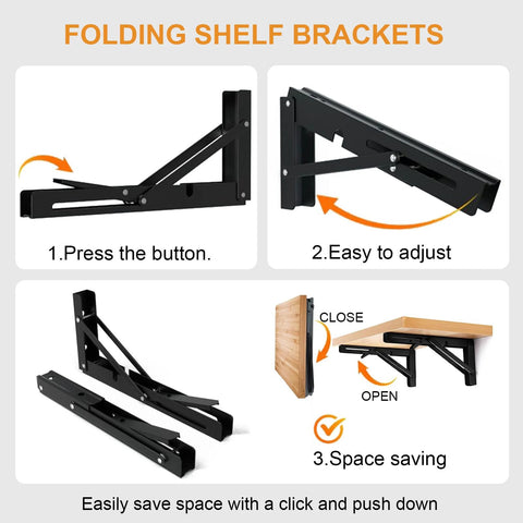 Instruction steps for 10 Inch Folding Shelf Brackets Pack of 2 Heavy Duty Metal Collapsible Brackets for wall or bench use