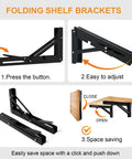 Storystore 12-inch folding shelf brackets, 2-pack, black metal for wall-mounted shelves and benches.