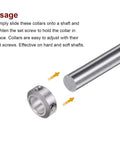 4 Pack 12mm Bore Aluminum Shaft Collars With Set Screws next to metal shaft, 20mm Outer Diameter, 8mm Wide, Anodized Finish.