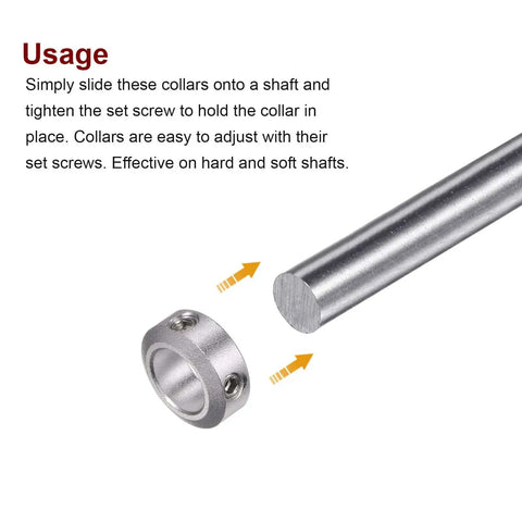 4 Pack 12mm Bore Aluminum Shaft Collars With Set Screws next to metal shaft, 20mm Outer Diameter, 8mm Wide, Anodized Finish.