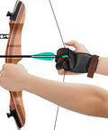 Three Finger Archery Glove Leather Tab All Day Comfort Heavy Duty on hand drawing bowstring with arrow