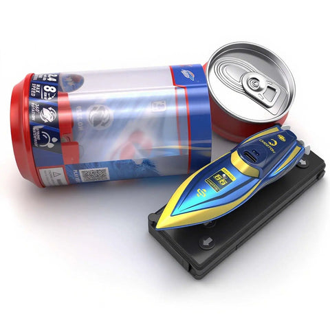 Mini RC Boat 2.4GHz Remote Control Toy For Pool And Bath, 360 Spin And Steady Grip, shown with packaging and stand, Blue.