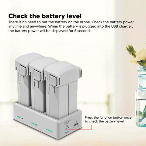 Portable Drone Charging Station With 3 Port Battery Hub displaying battery level instructions