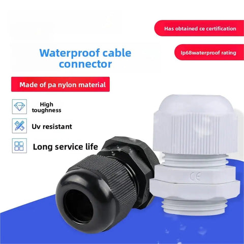 Nylon Cable Gland Kit 50 Pieces Waterproof Sealing For Secure Wire Fixing with black and white connectors on a blue background.