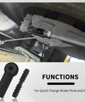 5 Piece Brake Bleeder Kit Connectors Set, attached to brake fluid port, showing rubber couplings, adapters, hose fittings.