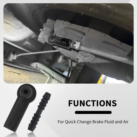 5 Piece Brake Bleeder Kit Connectors Set, attached to brake fluid port, showing rubber couplings, adapters, hose fittings.