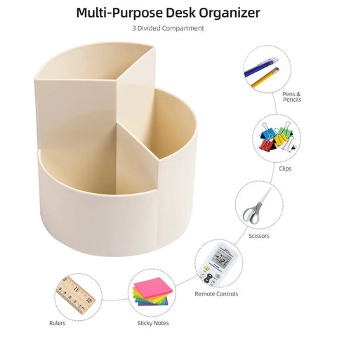 360 Degree Rotating Pen Holder With Three Slots, Desk Organizer For Pens Pencils Markers Rulers And Small Art Supplies, Easy Access Spin Cup For Office School Or Home White shown with labeled uses