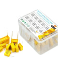 Assorted Polypropylene Safety Capacitors Kit DIP 275V AC X2 MKP 77 Piece with box and capacitors displayed