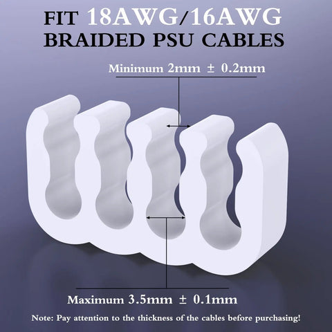 Image of 24 Pack PSU Wire Management Clips Kit in white, fitting 3mm to 3.5mm cables for ATX power cables organization.