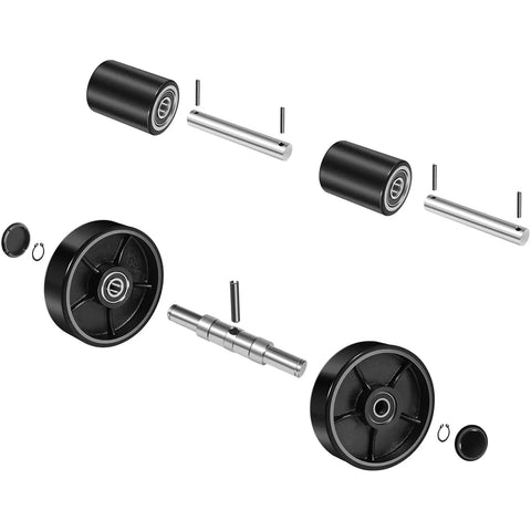 Pallet Jack Wheel Replacement Kit For PTH50 Forklift Truck, Full Wheel Upgrade With 2 Steering Wheels And 2 Load Wheels, Preinstalled Bearings And Axles, PU Tread, Entry Rollers, Pins And Hardware Included.