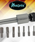 Pro Grade MT3 Shank Rotary Broach Kit with ER-25 Adapter and 7 Imperial Hex Broaches displayed on gradient background