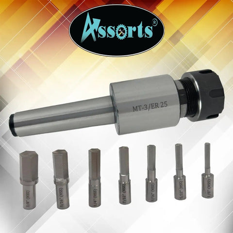 Pro Grade MT3 Shank Rotary Broach Kit with ER-25 Adapter and 7 Imperial Hex Broaches displayed on gradient background