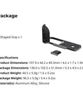 Fujifilm X Half L Shaped Grip With Built In Quick Release Plate For Arca on white background next to specifications text.