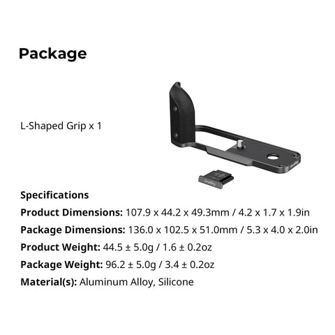 Fujifilm X Half L Shaped Grip With Built In Quick Release Plate For Arca on white background next to specifications text.