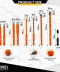 Tough As Nails Serrated Carbide Drill Bit Set Includes Diamond Tile Bits And PH2 Screwdriver Tips Quick Fit Hex Shank For Concrete Brick Glass And Wood Zero Drift Action size chart showing various bit sizes and types.
