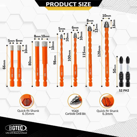 Tough As Nails Serrated Carbide Drill Bit Set Includes Diamond Tile Bits And PH2 Screwdriver Tips Quick Fit Hex Shank For Concrete Brick Glass And Wood Zero Drift Action size chart showing various bit sizes and types.
