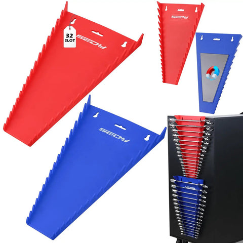 2 Pack Magnetic Wrench Organizer Kit With 32 Slots For SAE And Metric Wrenches, red and blue trays shown in different views