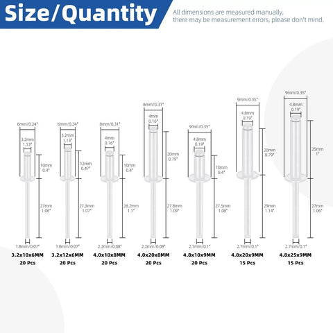 Illustration of 130 Piece White Aluminum Blind Rivet Kit With 7 Sizes, Steel Mandrel Pop Rivets for various project uses.