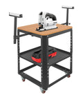 Built Like A Tank Rolling Workstand Holds 550 Pounds, fully adjustable with saw on wood top, storage below, smooth wheels.