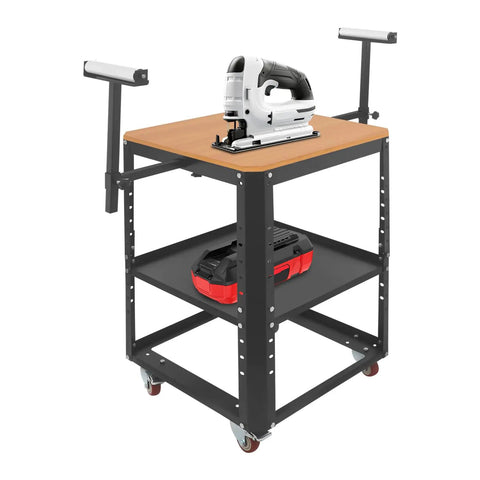 Built Like A Tank Rolling Workstand Holds 550 Pounds, fully adjustable with saw on wood top, storage below, smooth wheels.