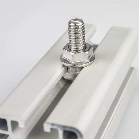 Close-up of a 304 stainless steel M10x40mm T-slot bolt with nut securing two aluminum profiles for Secure Your Rig With Top Shelf T-Slot Bolts M10x40mm 5 Pack 304 Stainless Steel Drop-In Studs T-Track Sliding Screws Deadlock Fit Zero Wiggle For Custom Jigs.