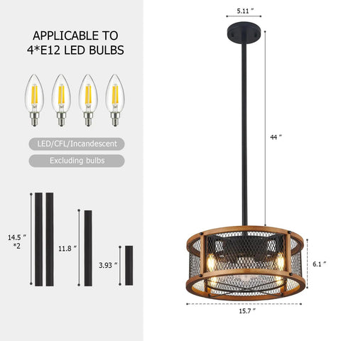 Dimensions of Dope Industrial Farmhouse Ceiling Fan With Lights, Caged Wood Design, Remote Control, shown with pendant option.