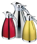 Three insulated coffee carafes in red, silver, and yellow with chrome accents and ergonomic handles.