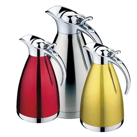 Three insulated coffee carafes in red, silver, and yellow with chrome accents and ergonomic handles.