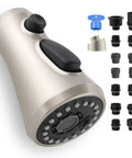 Universal Kitchen Faucet Head Replacement With 15 Adapter Kit 3 Function Pull Down Sprayer Brushed Nickel Finish shown with adapters