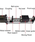 Heavy Duty XYZ Liner Block Linear Guide With 40mm Width And SFU1605 Ball Screw For Smooth Sliding Table Motion Up To 50kg Load Max In 600mm Length Setup labeled components diagram.