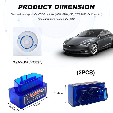 2 Pack Dope ELM327 OBD2 Bluetooth Car Diagnostic Scanner Pro Mini Wireless Engine Fault Code Reader dimensions and components