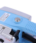 Top view of Built Like A Tank Cordless Electric Strapping Gun With Auto Friction Weld Tensioner and Cutter, blue handle and control button.