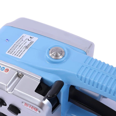 Top view of Built Like A Tank Cordless Electric Strapping Gun With Auto Friction Weld Tensioner and Cutter, blue handle and control button.