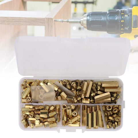180Pcs M4 Brass Standoff Spacer Set With Male And Female Hex Pillars Screws And Nuts For Electronics PCB Mounting Durable Brass Hardware Kit In Storage Box Built For DIYers, open case