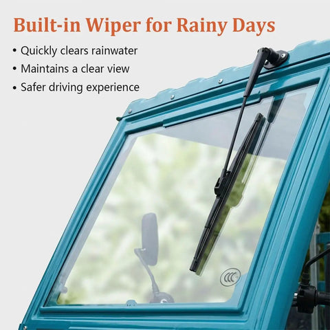 All Weather Cargo Tricycle Canopy With Windshield Heavy Duty 3 Wheel Trike Cover For Rain Sun Snow Rugged Red Trike Shield Weatherproof Ride Guard With Built In Wiper For Clear Visibility, blue windshield close-up with built-in wiper