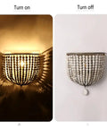 Vintage Wood Bead Wall Lamp Set Gray White 2 Pack Hardwired For That Old School Retro Vibe, turned on left, off right