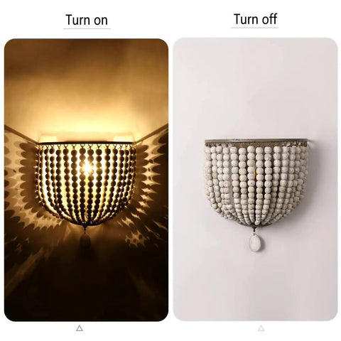 Vintage Wood Bead Wall Lamp Set Gray White 2 Pack Hardwired For That Old School Retro Vibe, turned on left, off right